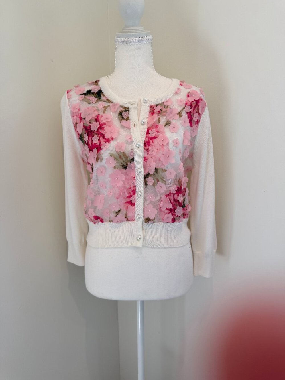 Karl Lagerfeld Paris White Cropped Cardigan Sweater with Pink 3D Flower Appliqué